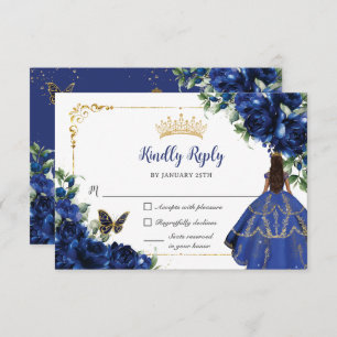 Royal Blue Butterflies Princess Gold Quinceañera RSVP Card