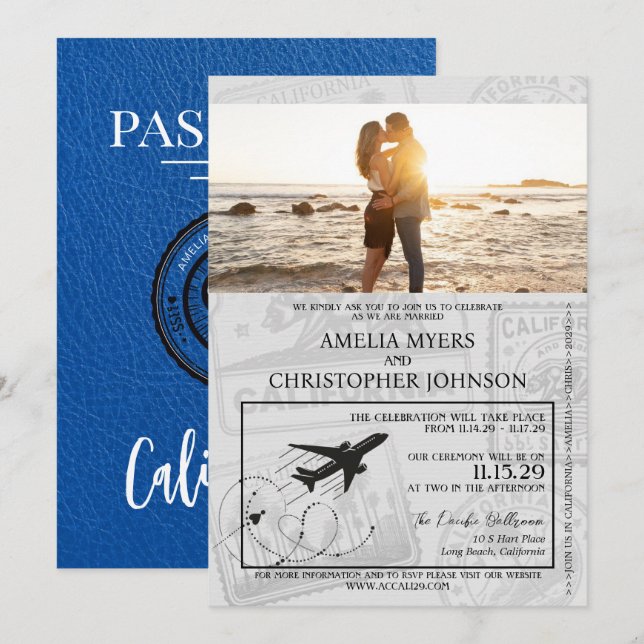 Royal Blue California Passport Wedding Invitation (Front/Back)