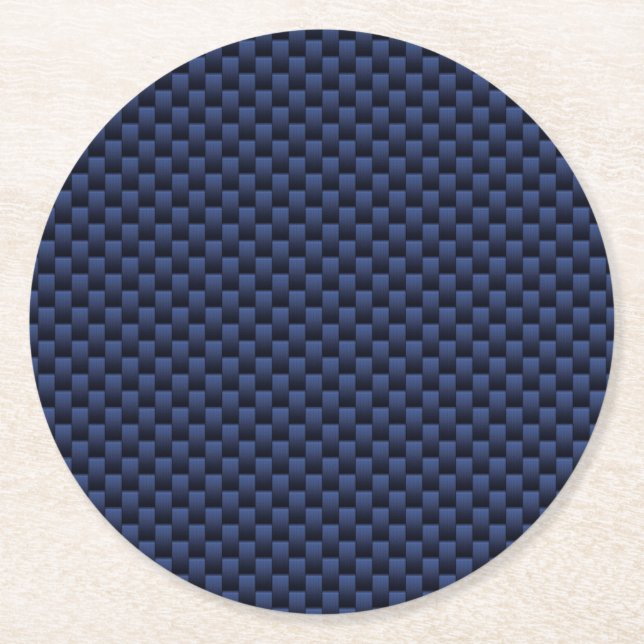 Royal Blue Carbon Fibre Style Weave Print Round Paper Coaster (Front)