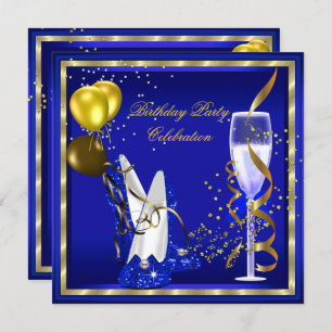 Royal Blue Champagne Gold Glitter Birthday Party Invitation