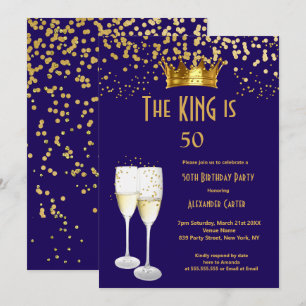 Royal blue Champagne men’s king 50 birthday Party Invitation