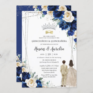 Royal Blue Champagne Twins Boy Girl Quinceañera Invitation
