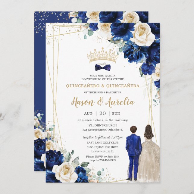 Royal Blue Champagne Twins Boy Girl Quinceañera Invitation (Front/Back)