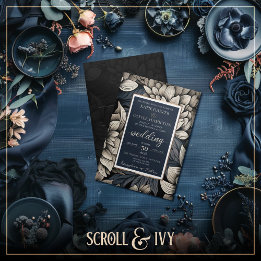 Royal Blue & Champagne White Bloom Wedding Invitation