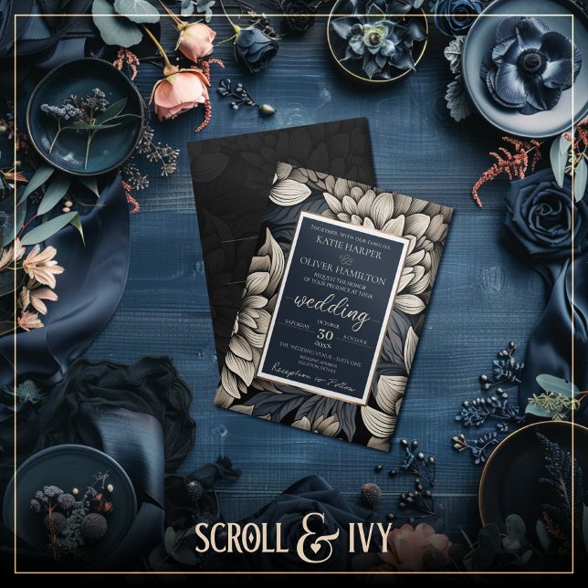 Royal Blue & Champagne White Bloom Wedding Invitation ( The Luxe Floral Wedding Suite - Wedding Invitation (Front))