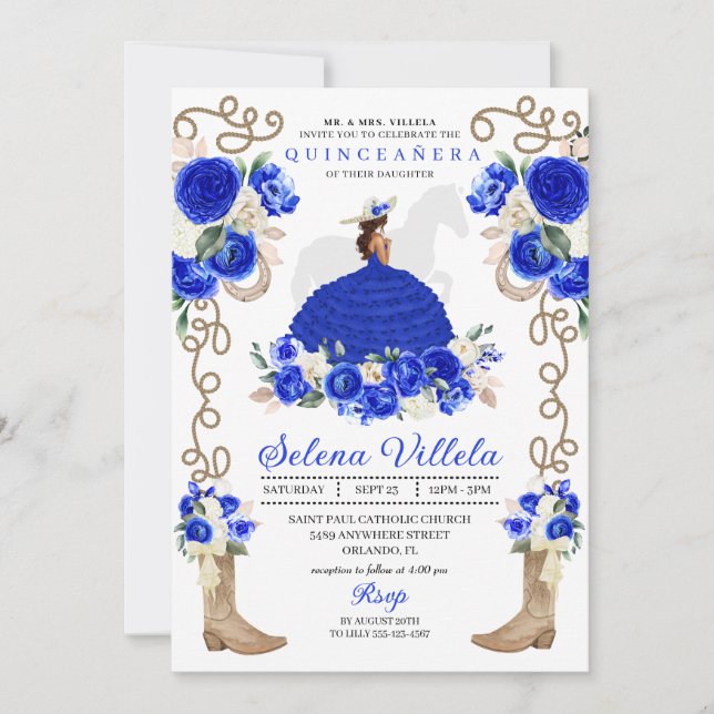 Royal Blue Charro Woman Western Quinceañera Invitation (Front)