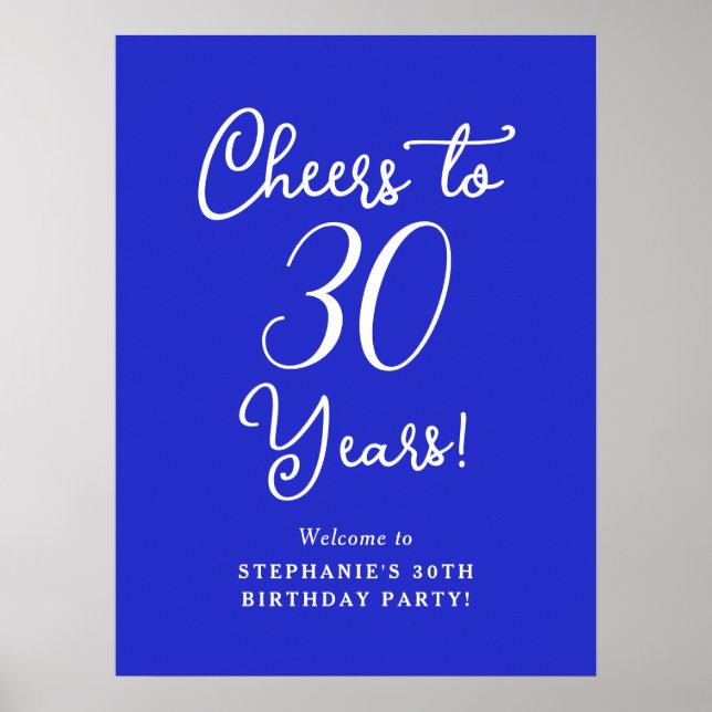 Royal Blue Cheers to 30 Years Birthday Party Sign (Front)