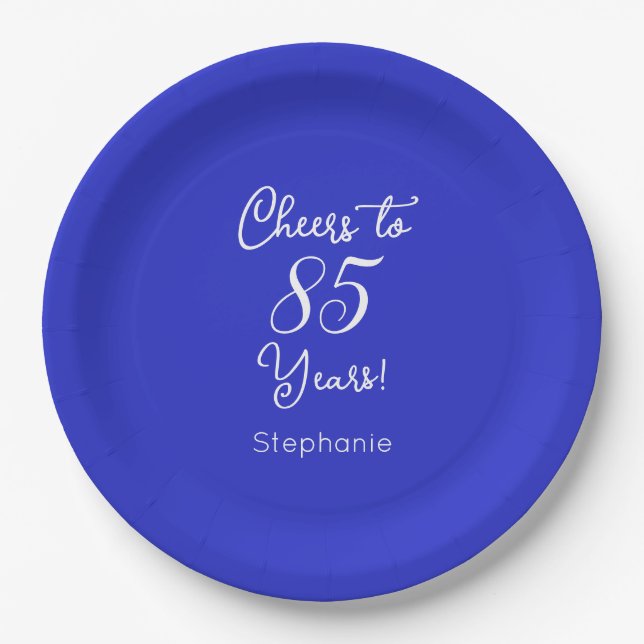 Royal Blue Cheers to 85 Years 85th Birthday Paper Plate (Front)