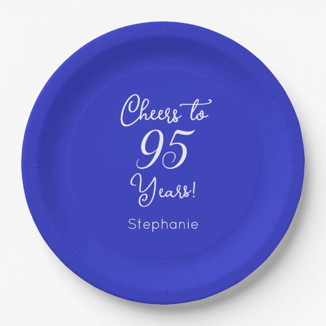 Royal Blue Cheers to 95 Years 95th Birthday Paper Plate (Front)