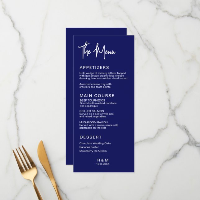 Royal Blue Classic Elegant Wedding Menu (Front/Back In Situ)