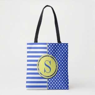 Royal Blue Combination Polka Dots And Stripes Tote Bag