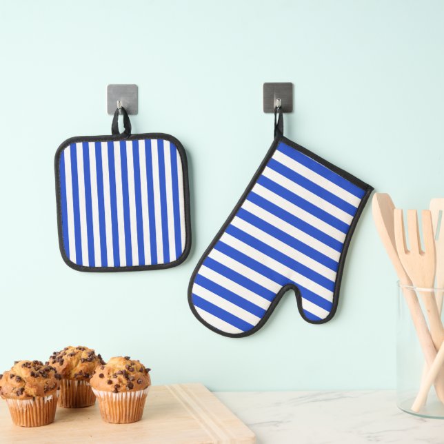 Royal Blue Combination Stripes by Shirley Taylor Oven Mitt & Pot Holder Set (Insitu(Hanging))