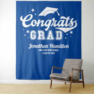 Royal Blue Congrats Grad Graduation Backdrop Tapestry