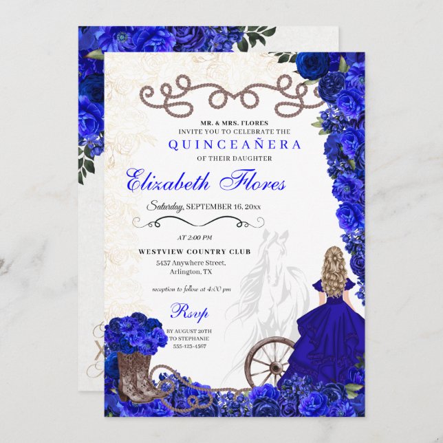 Royal Blue Cowgirl Ranchero Western Quinceanera Invitation (Front/Back)