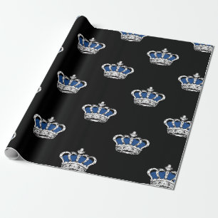 Royal Blue Crown Pattern on Bold Black Background Wrapping Paper