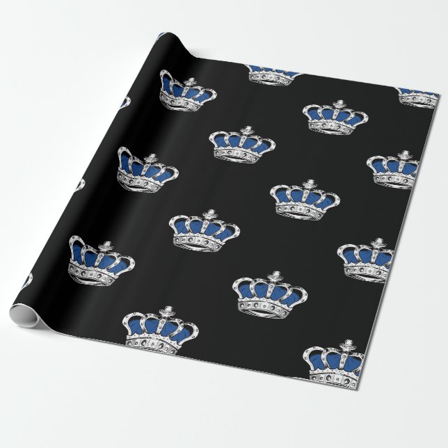 Royal Blue Crown Pattern on Bold Black Background Wrapping Paper (Unrolled)