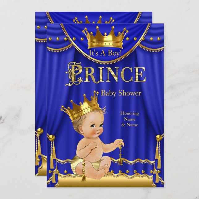 Royal Blue Crown Prince Baby Shower Gold Blonde Invitation (Front/Back)