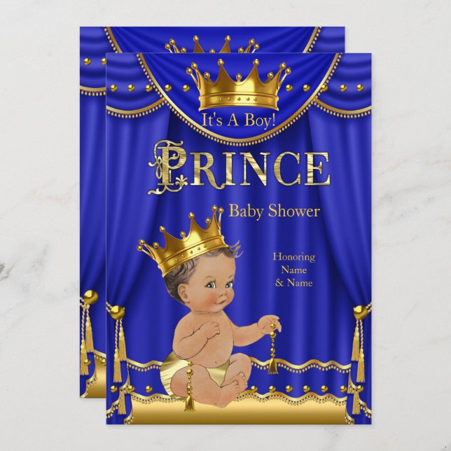 Royal Blue Crown Prince Baby Shower Gold Brunette Invitation (Front/Back)