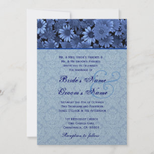 Royal Blue Daisy Damask Wedding Premium Metallic Invitation