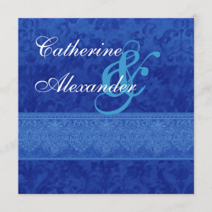 Royal Blue Damask and Lace Wedding Invitation