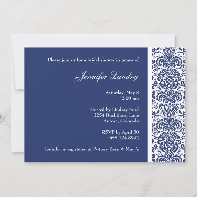 Royal Blue Damask Bridal Shower Invitation (Front)