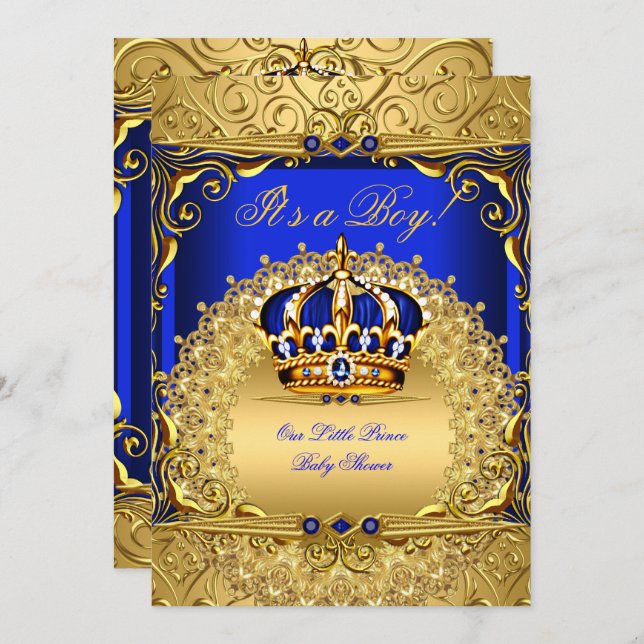 Royal Blue Damask Gold Crown Baby Shower Boy bs6 Invitation (Front/Back)