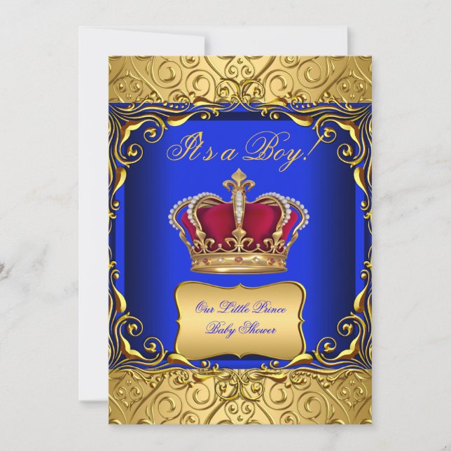 Royal Blue Damask Gold Crown Baby Shower Boy bs Invitation (Front)