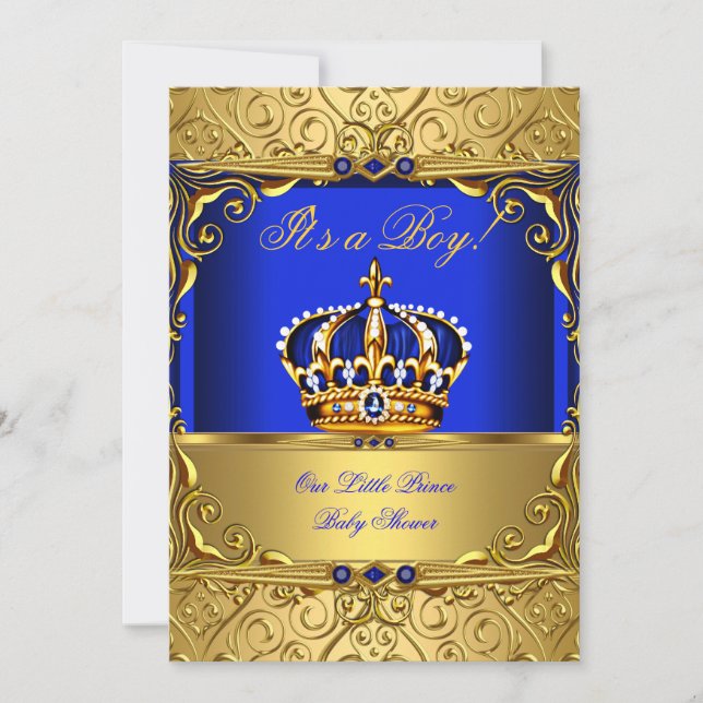 Royal Blue Damask Gold Crown Baby Shower Boy bsA Invitation (Front)