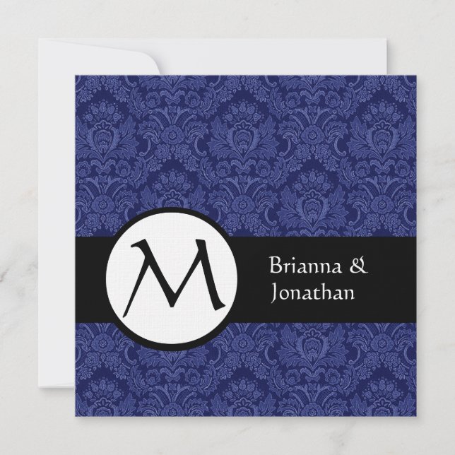 Royal Blue Damask Monogram Wedding Invitation (Front)