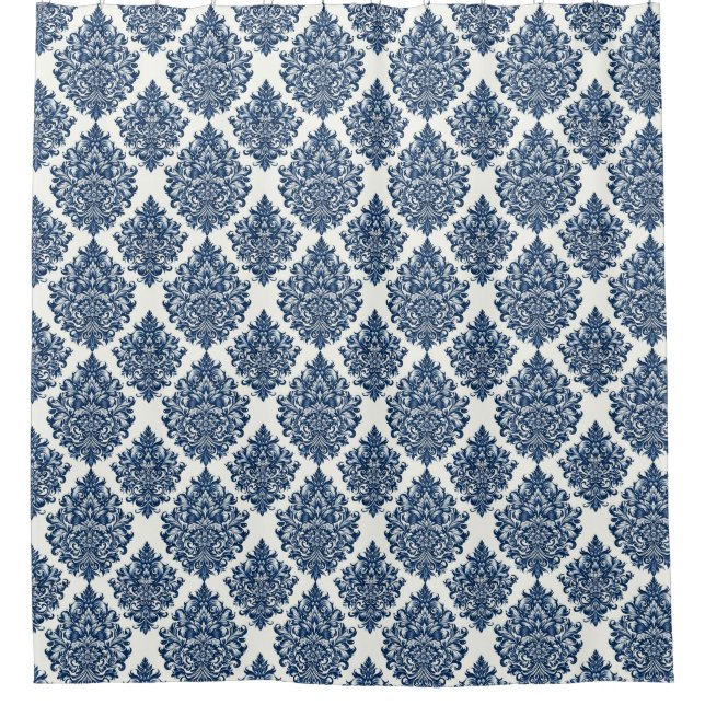Royal blue damask pattern shower curtain (Front)
