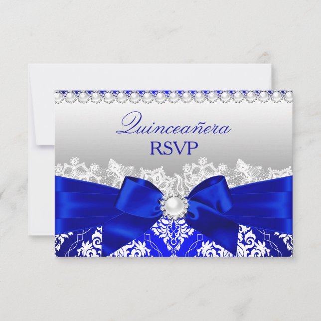 Royal Blue Damask & Pearl Bow Quinceanera RSVP Card (Front)
