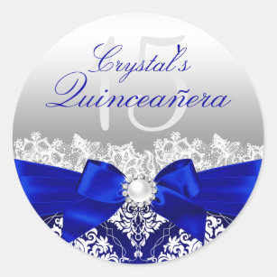 Royal Blue Damask & Pearl Bow Quinceanera Sticker