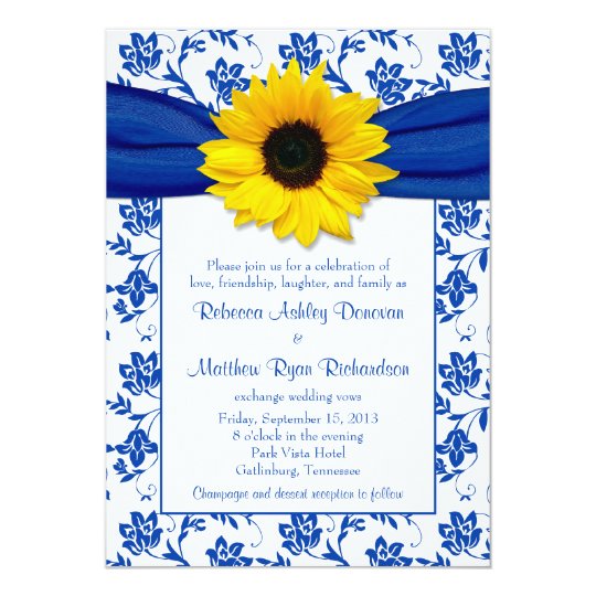 Royal Blue Damask Sunflower Wedding Invitation Au