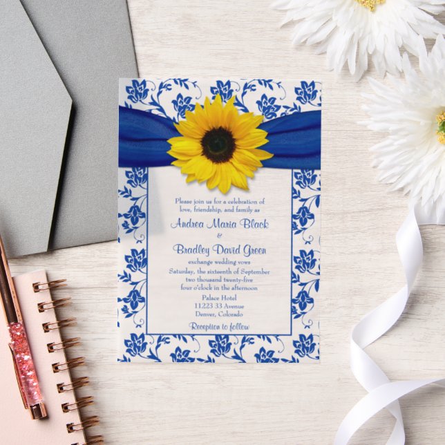Royal Blue Damask Sunflower Wedding Vellum Invitations (Wedding)
