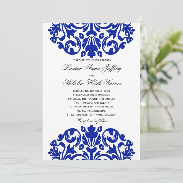 Royal Blue Damask Wedding Invitation (Standing Front)