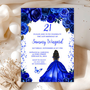 Royal Blue Dark Skin Princess Birthday Party Invitation