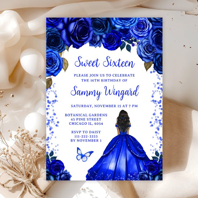 Royal Blue Dark Skin Princess Sweet Sixteen Invitation (Creator Uploaded)