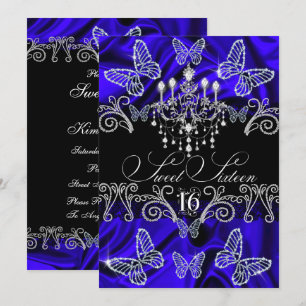 Royal Blue Diamond Butterfly Sweet Sixteen Invite