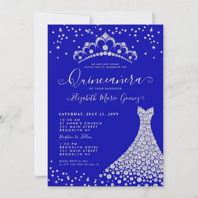 Royal Blue Diamond Sparkle Tiara Gown Quinceanera Invitation (Front)