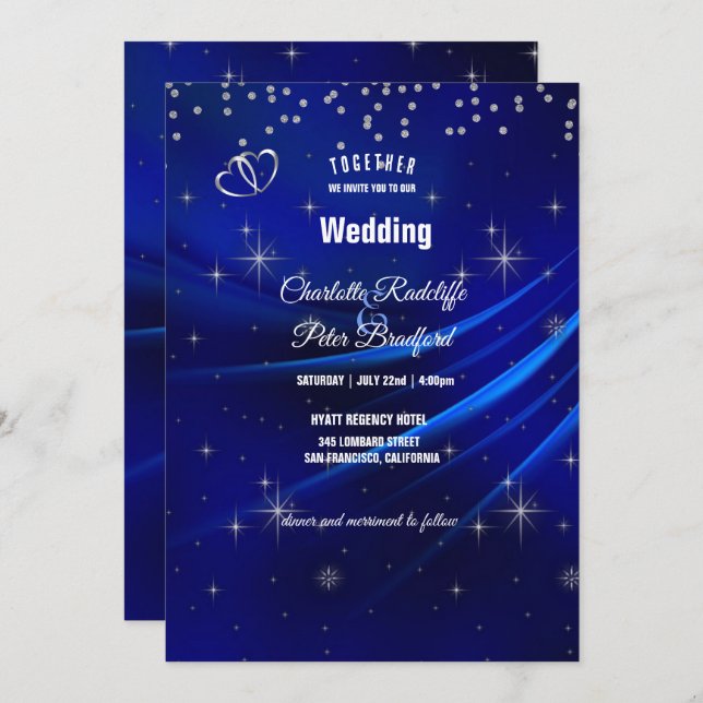 Royal Blue Diamonds and Hearts Wedding Invitation (Front/Back)