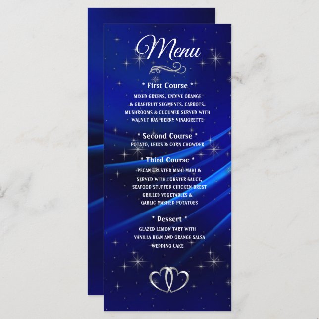 Royal Blue Diamonds and Hearts Wedding Menu (Front/Back)