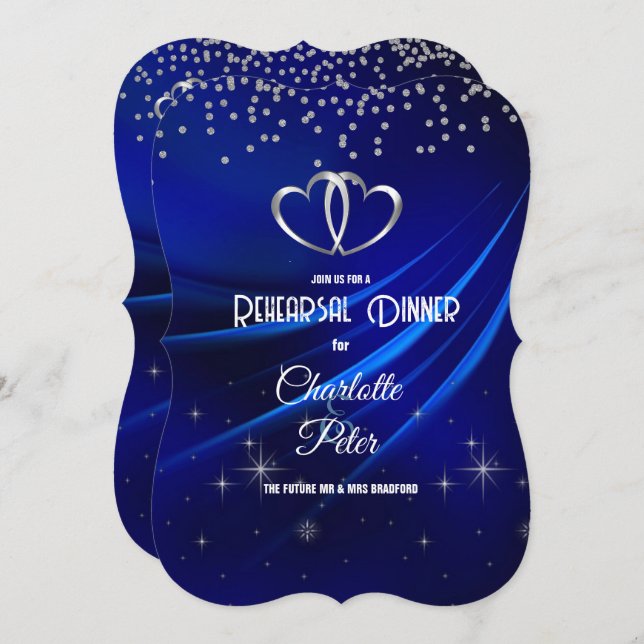Royal Blue Diamonds & Hearts Rehearsal Dinner  Invitation (Front/Back)