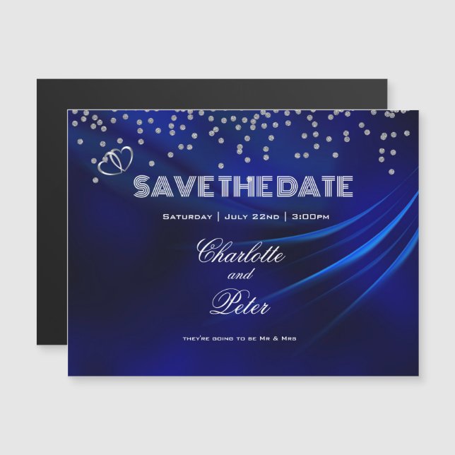 Royal Blue Diamonds Hearts SaveThe Date Magnetic (Front/Back)