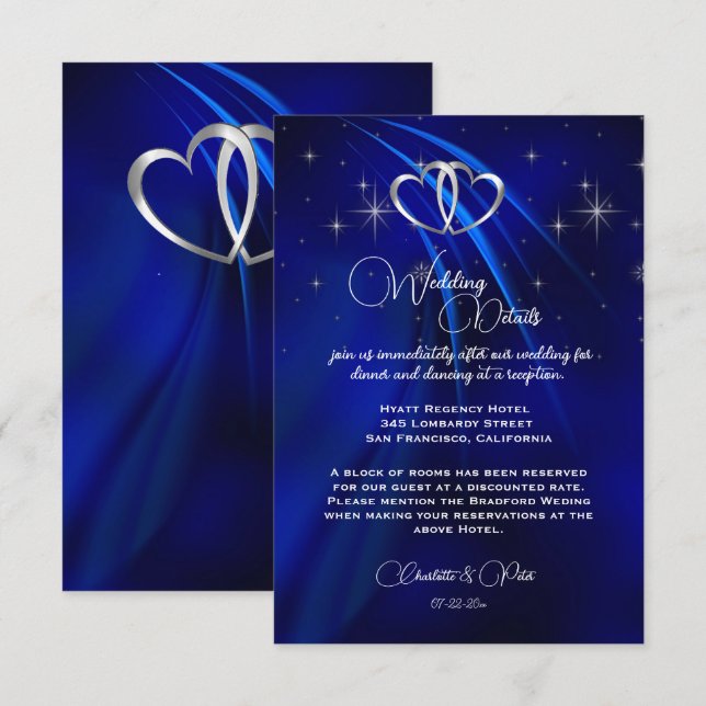 Royal Blue, Diamonds & Hearts Wedding Enclosure Card (Front/Back)