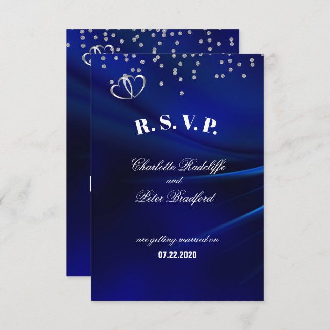 Royal Blue Diamonds & Hearts Wedding RSVP Card (Front/Back)