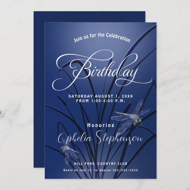 Royal Blue Dragonfly Birthday Invitation (Front/Back)