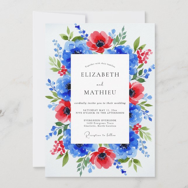 Royal Blue Dramatic Botanical Wedding Invitation (Front)