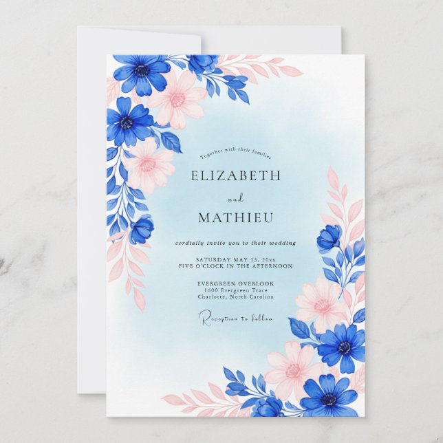 Royal Blue Dreamy Spring Wedding Invitation (Front)