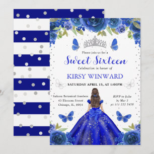 Royal Blue Dress Brunette Princess Sweet 16 Invitation