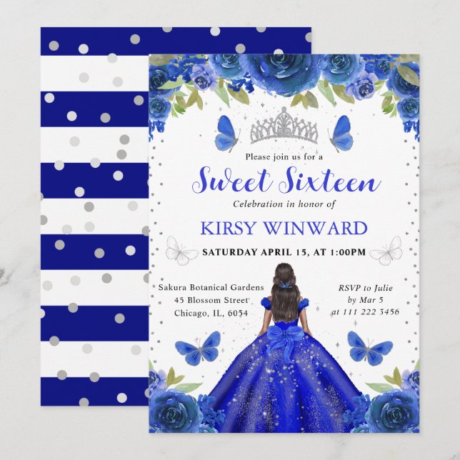 Royal Blue Dress Dark Skin Princess Sweet 16 Invitation (Front/Back)